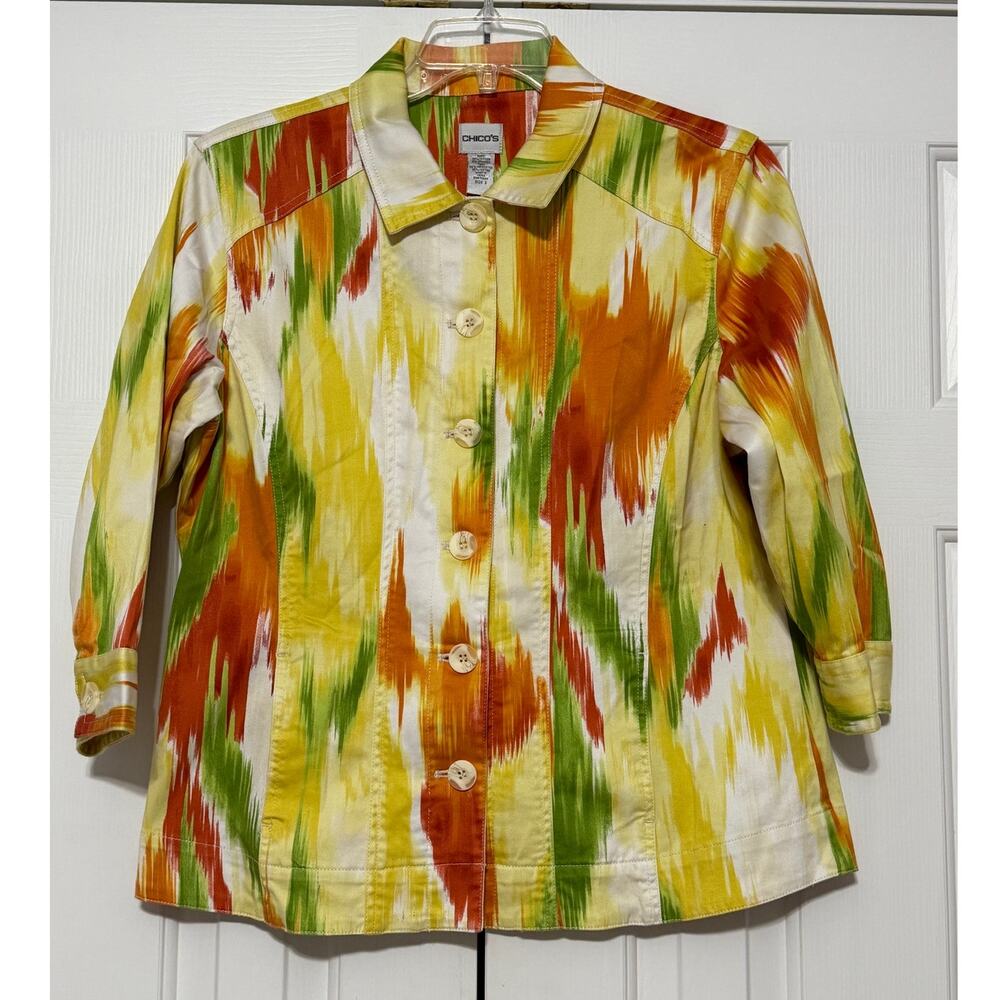 Vintage Chico's Watercolor Abstract Artsy Print 3/4 Sleeve Jacket, Size 2
